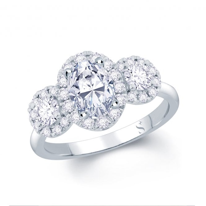 18ct / Plat 3 Stone Oval Halo Lab Grown Diamond Ring 1.43ct. Certified E / VS1 Center 0.70ct