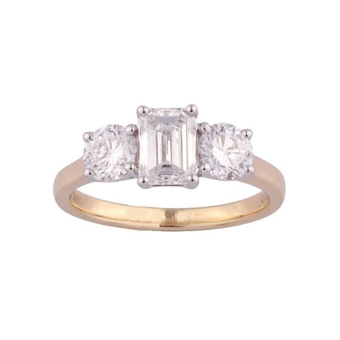 9ct Emer Cut / Rd Lab Grown Diamond 3 Stone Ring 2.05ct. Certified E/F , VS1