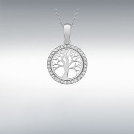 9ct White Gold CZ Tree of Life Necklace