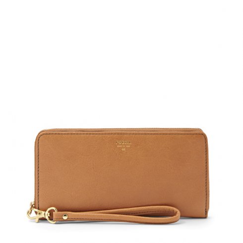 not used Ladies' Fossil Sydney Camel Leather Zip Clutch Purse SL4265235