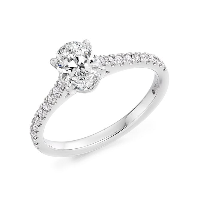 Lowry Diamonds Platinum 1.20ct Lab Grown Oval Diamond Solitaire Diamond Set Shoulders Ring. Certified Centre Stone 1.00ct E VS1