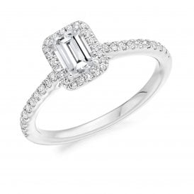 Platinum Diamond Halo Ring 0.89ct (Certified Emerald Cut Centre Stone 0.59ct)