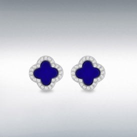 Silver Blue & Cz Petal Stud Earrings