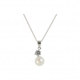 Silver Fancy Freshwater Pearl & Cz Pendant & Chain