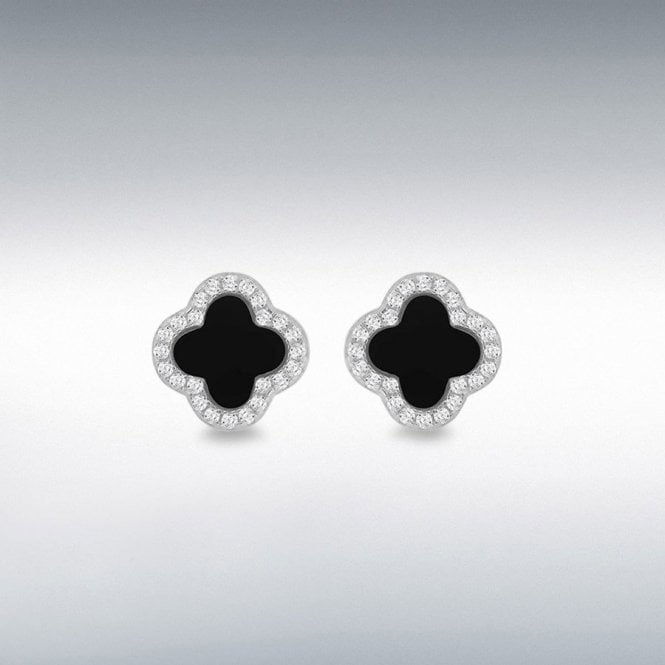 Lowry Sterling Silver Silver Onyx & Cz Petal Stud Earrings