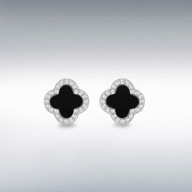 Silver Onyx & Cz Petal Stud Earrings