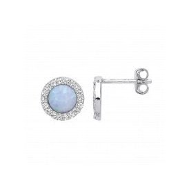Silver Opal & Cz Stud Earrings