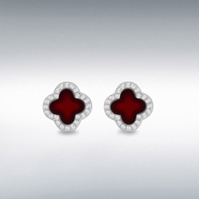 Lowry Sterling Silver Silver Ruby & Cz Petal Stud Earrings