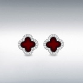 Silver Ruby & Cz Petal Stud Earrings
