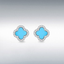 Silver Turqouise & Cz Petal Stud Earrings