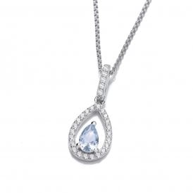 Sterling Silver Aqua & Cz Pendant & Chain