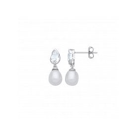 Sterling Silver CZ Pearl Drop Earrings