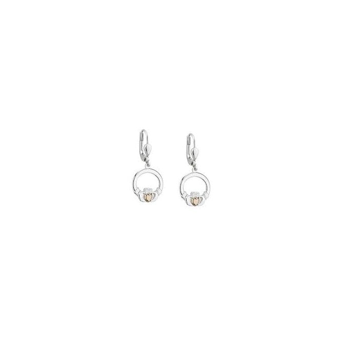 Irish Jewellery Sterling Silver Gold Heart Claddagh Drop Earrings
