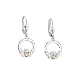 Sterling Silver Gold Heart Claddagh Drop Earrings
