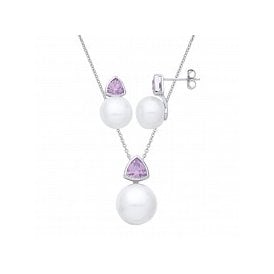 Sterling Silver Pearl & CZ Amy Pendant Set